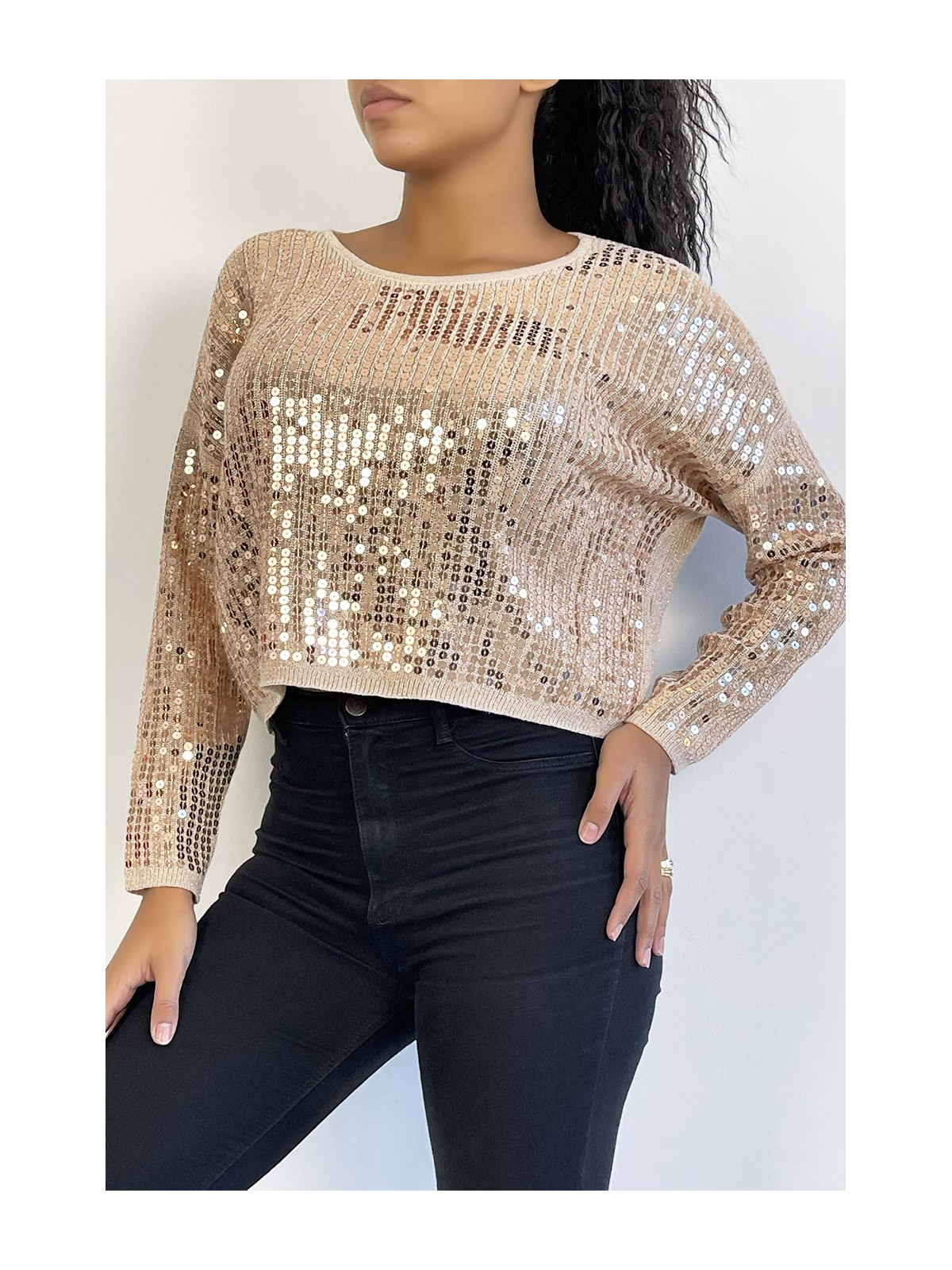 Pull court taupe pailleté en maille fluide et tendance col rond - 1