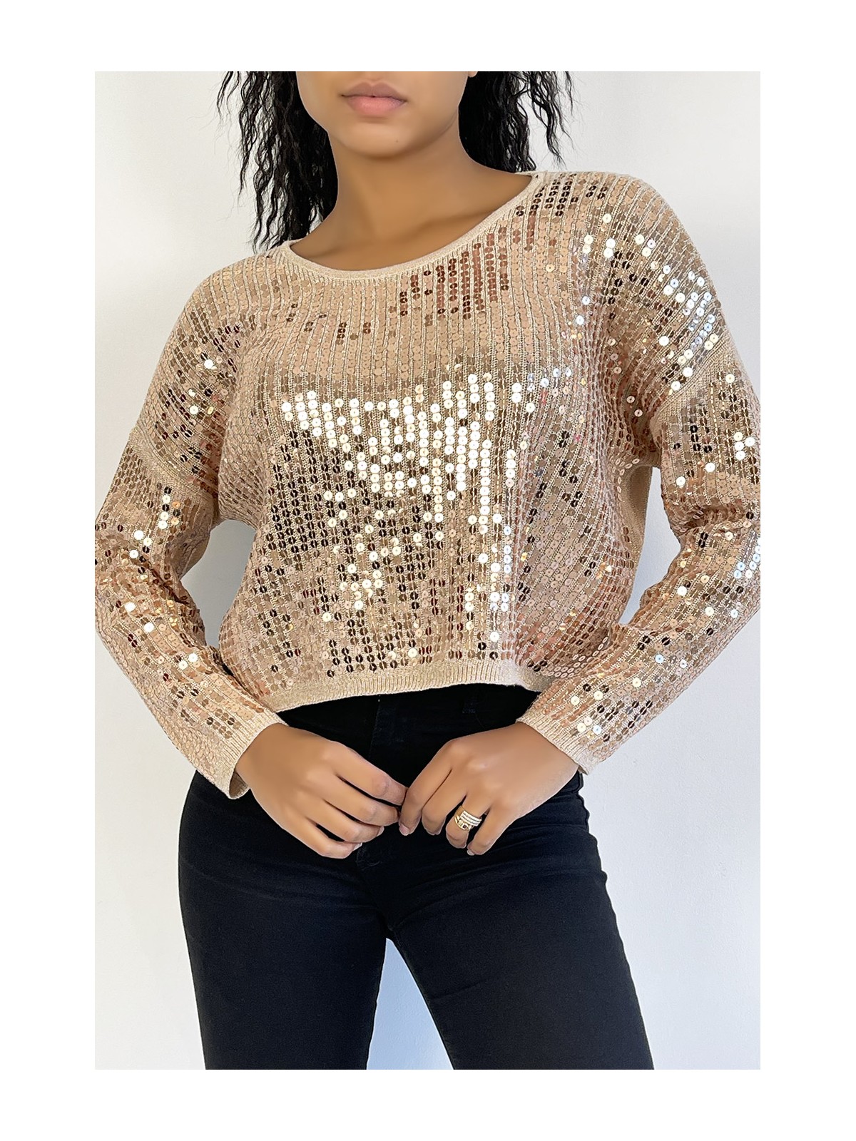 Pull court taupe pailleté en maille fluide et tendance col rond - 2