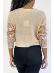 Pull court taupe pailleté en maille fluide et tendance col rond - 4