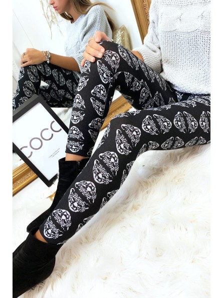 Legging d'hiver noir avec motifs tête de panthère en blanc. Style fashion. - 11