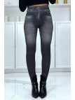 Legging noir taille haute et molletonné motif jean délavé - 1